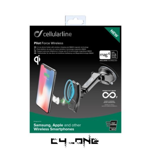 Cellularline Pilot Force Wireless – Magnetische KFZ-Smartphonehalterung mit kabellosem Aufladen, Windschutzscheibe und Armaturenbrett, MAG4 Magnettechnologie